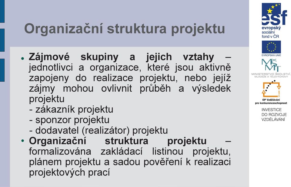 -zákazník projektu - sponzor projektu - dodavatel(realizátor) projektu Organizační struktura projektu