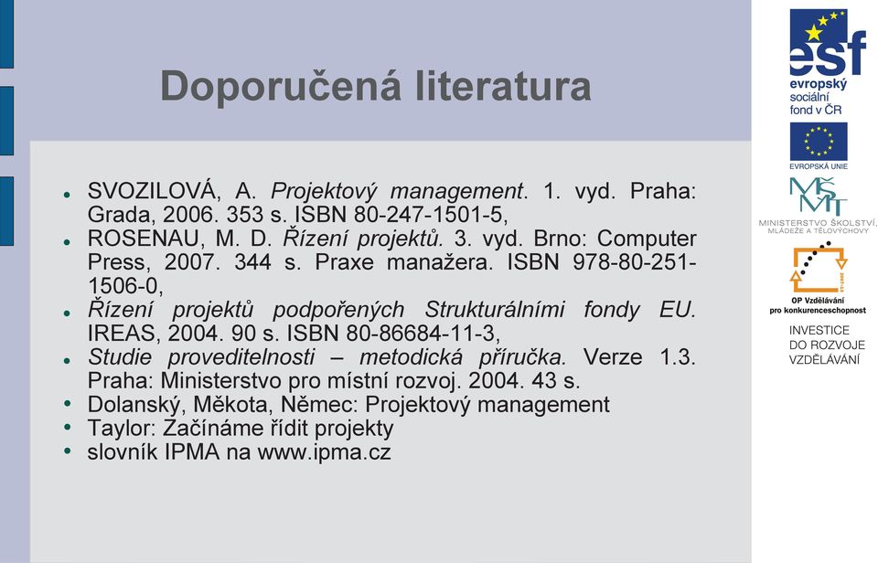 ISBN 978-80-251-1506-0, Řízení projektů podpořených Strukturálními fondy EU. IREAS, 2004. 90 s.