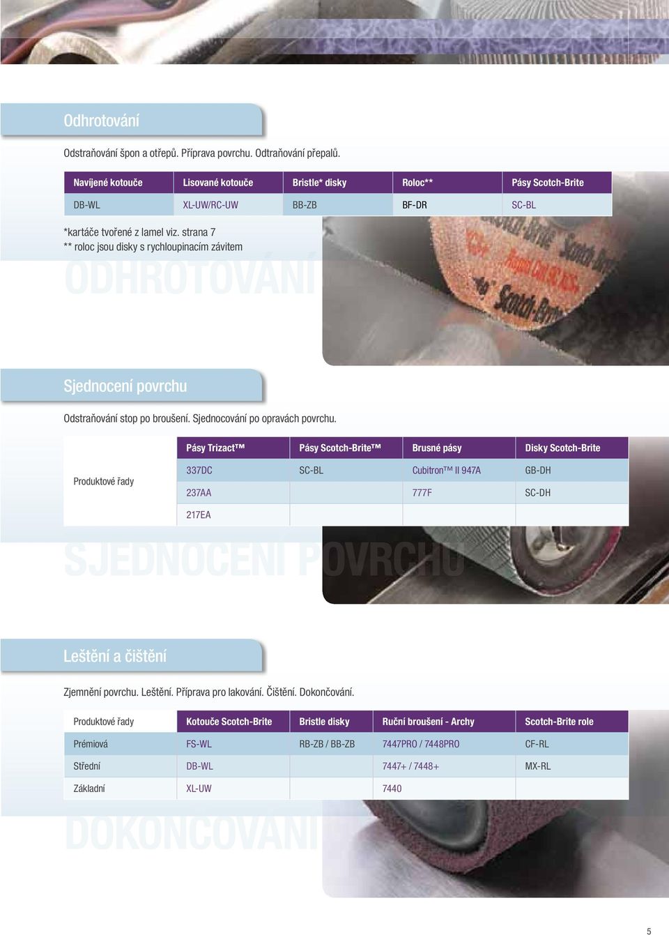strana 7 ** roloc jsou disky s rychloupinacím závitem ODHROTOVÁNÍ Sjednocení povrchu Odstraňování stop po broušení. Sjednocování po opravách povrchu.