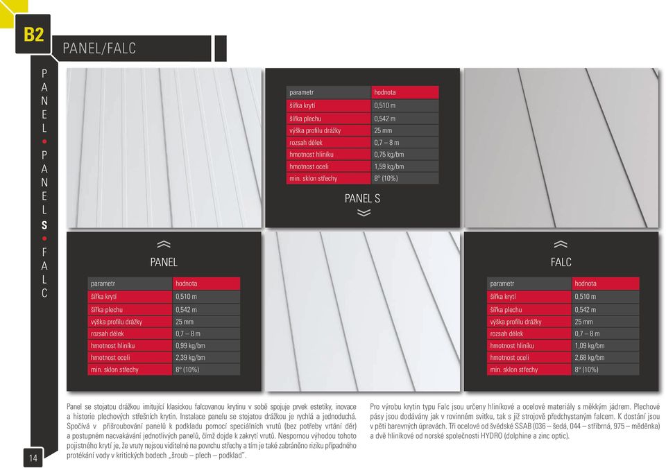 sklon střechy 8 (10%) PANEL S parametr šířka krytí FALC hodnota 0,510 m šířka plechu 0,542 m šířka plechu 0,542 m výška profilu drážky 25 mm výška profilu drážky 25 mm rozsah délek 0,7 8 m rozsah