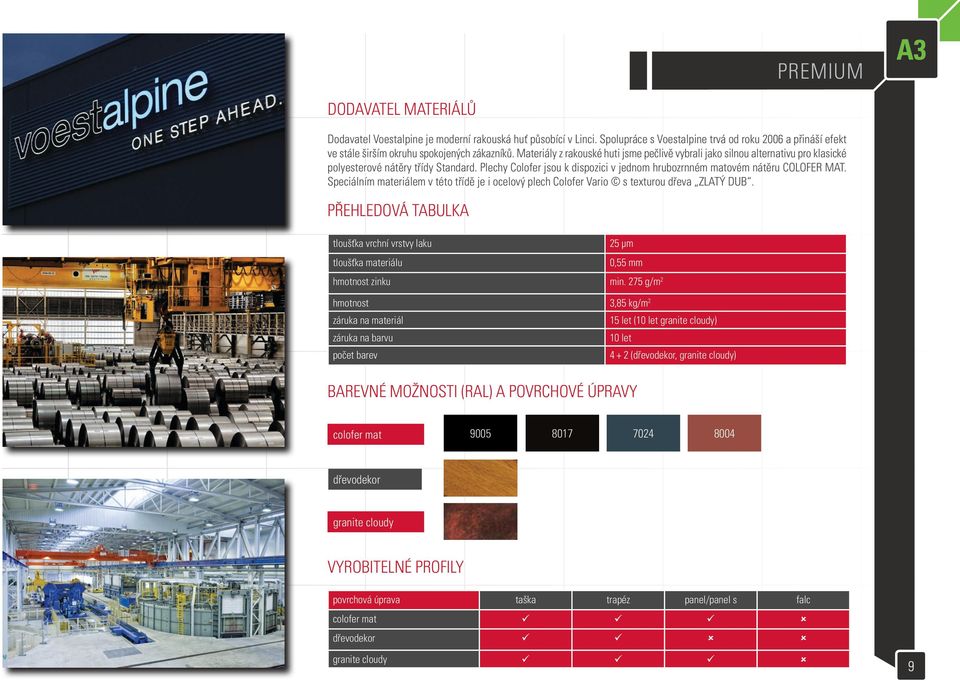 Speciálním materiálem v této třídě je i ocelový plech Colofer Vario s texturou dřeva ZLATÝ DUB. přehledová tabulka tloušťka vrchní vrstvy laku tloušťka materiálu 25 μm 0,55 mm hmotnost zinku min.