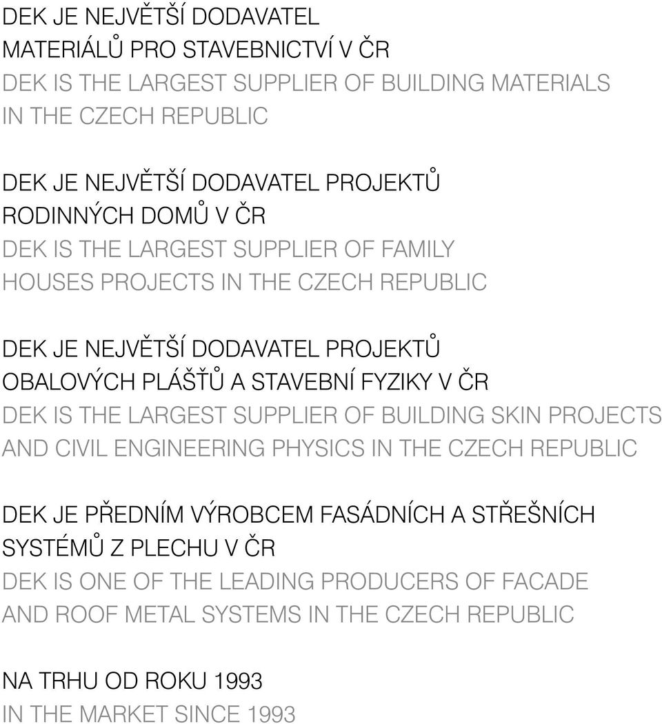 STAVEBNÍ FYZIKY V ČR DEK IS THE LARGEST SUPPLIER OF BUILDING SKIN PROJECTS AND CIVIL ENGINEERING PHYSICS IN THE CZECH REPUBLIC DEK JE PŘEDNÍM VÝROBCEM FASÁDNÍCH