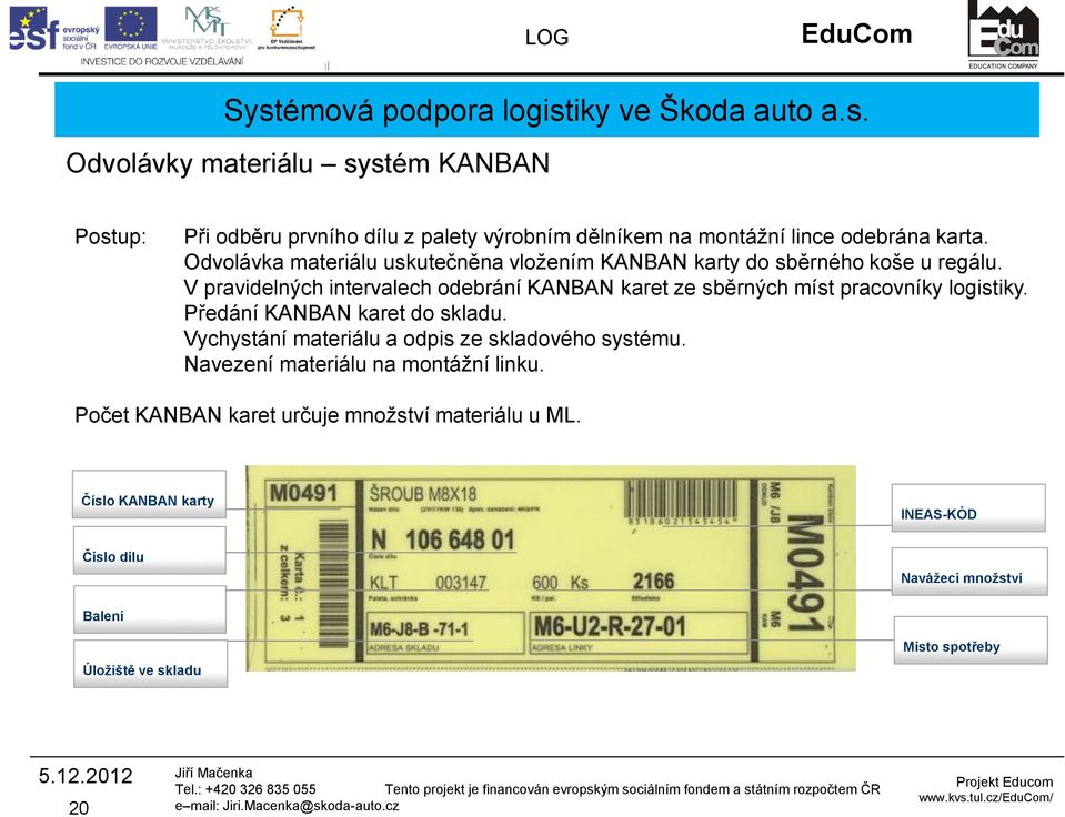 V pravidelných intervalech odebrání KANBAN karet ze sběrných míst pracovníky logistiky. Předání KANBAN karet do skladu.