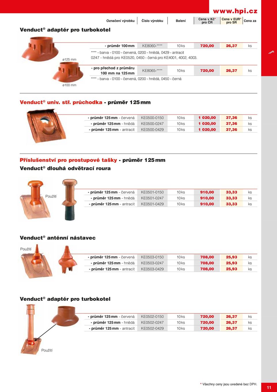 pro KE4001, 4002, 4003. - pro přechod z průměru KE8065-**** 10 ks 720,00 26,37 ks 100 mm na 125 mm **** - barva - 0100 - červená, 0200 - hnědá, 0450 - černá Venduct univ. stř.