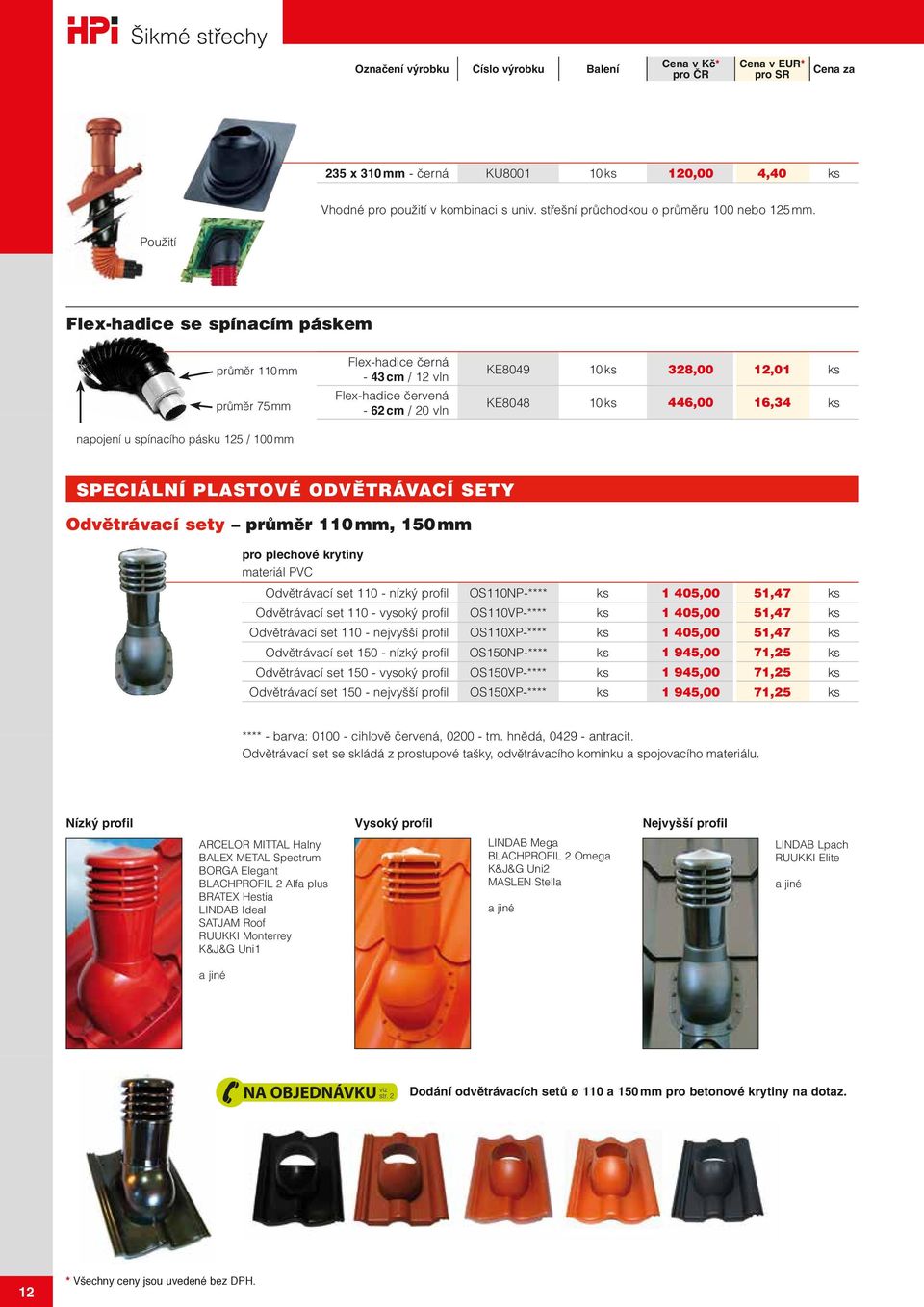 12,01 ks KE8048 10 ks 446,00 16,34 ks SPECIÁLNÍ PLASTOVÉ ODVĚTRÁVACÍ SETY Odvětrávací sety průměr 110 mm, 150 mm pro plechové krytiny materiál PVC Odvětrávací set 110 - nízký profil OS110NP-**** ks 1