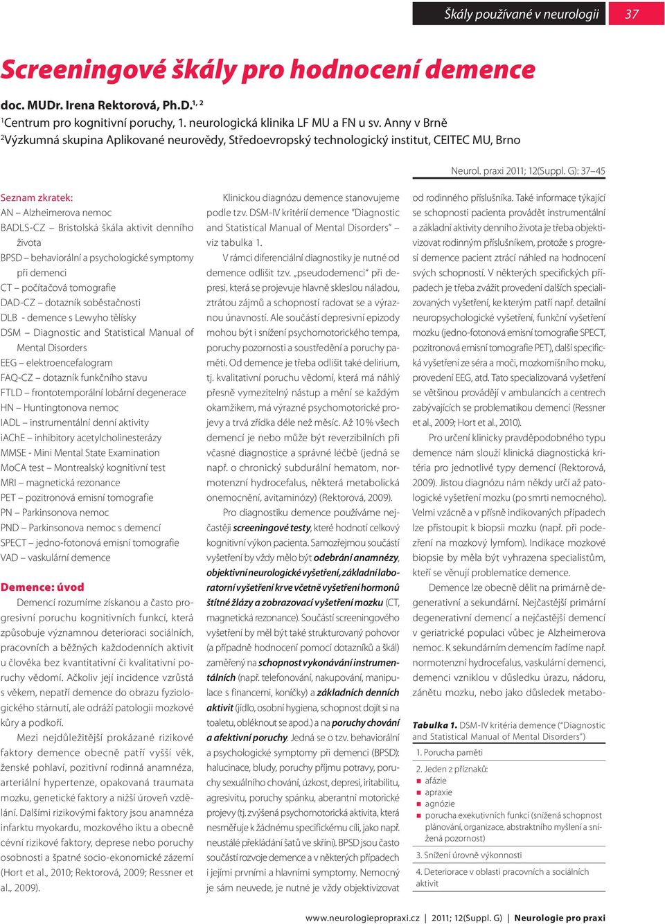 G): 37 45 Seznam zkratek: AN Alzheimerova nemoc BADLS-CZ Bristolská škála aktivit denního života BPSD behaviorální a psychologické symptomy při demenci CT počítačová tomografie DAD-CZ dotazník