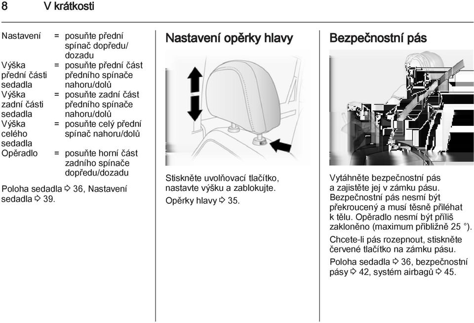 Nastavení opěrky hlavy Stiskněte uvolňovací tlačítko, nastavte výšku a zablokujte. Opěrky hlavy 3 35. Bezpečnostní pás Vytáhněte bezpečnostní pás a zajistěte jej v zámku pásu.