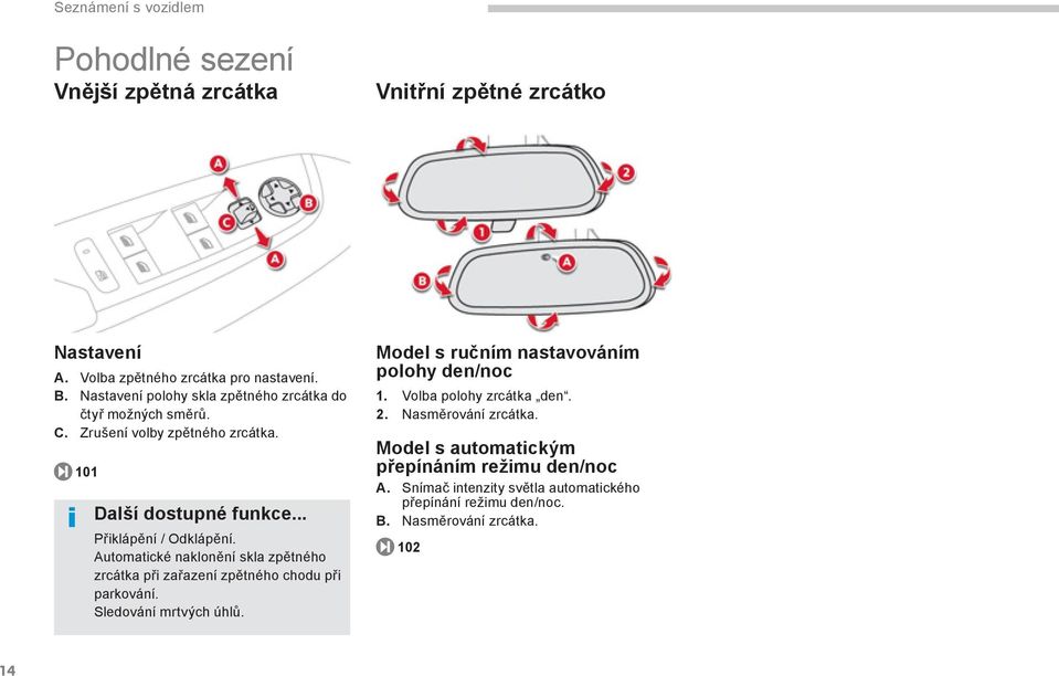 Automatické naklonění skla zpětného zrcátka při zařazení zpětného chodu při parkování. Sledování mrtvých úhlů. Model s ručním nastavováním polohy den/noc 1.