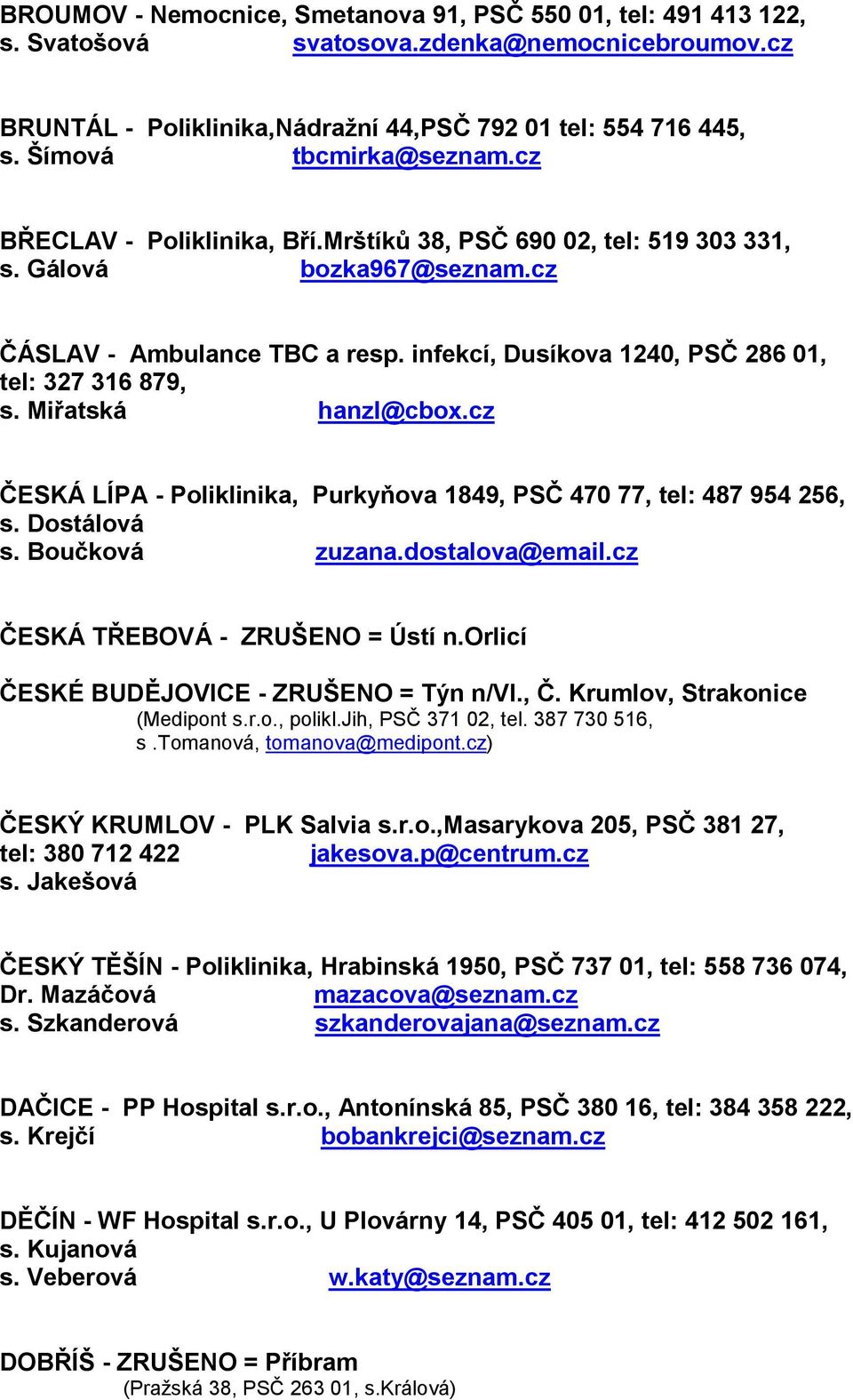 infekcí, Dusíkova 1240, PSČ 286 01, tel: 327 316 879, s. Miřatská hanzl@cbox.cz ČESKÁ LÍPA - Poliklinika, Purkyňova 1849, PSČ 470 77, tel: 487 954 256, s. Dostálová s. Boučková zuzana.dostalova@email.