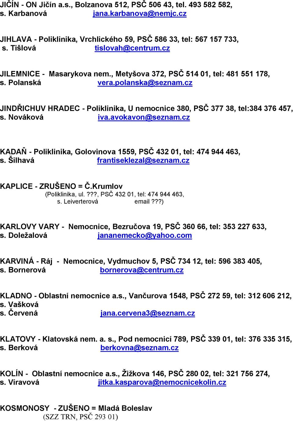 cz JINDŘICHUV HRADEC - Poliklinika, U nemocnice 380, PSČ 377 38, tel:384 376 457, s. Nováková iva.avokavon@seznam.cz KADAŇ - Poliklinika, Golovinova 1559, PSČ 432 01, tel: 474 944 463, s.