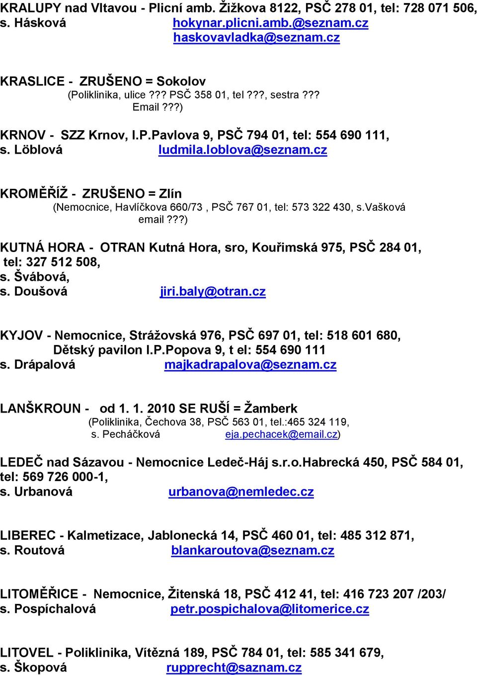 cz KROMĚŘÍŽ - ZRUŠENO = Zlín (Nemocnice, Havlíčkova 660/73, PSČ 767 01, tel: 573 322 430, s.vašková email???) KUTNÁ HORA - OTRAN Kutná Hora, sro, Kouřimská 975, PSČ 284 01, tel: 327 512 508, s.