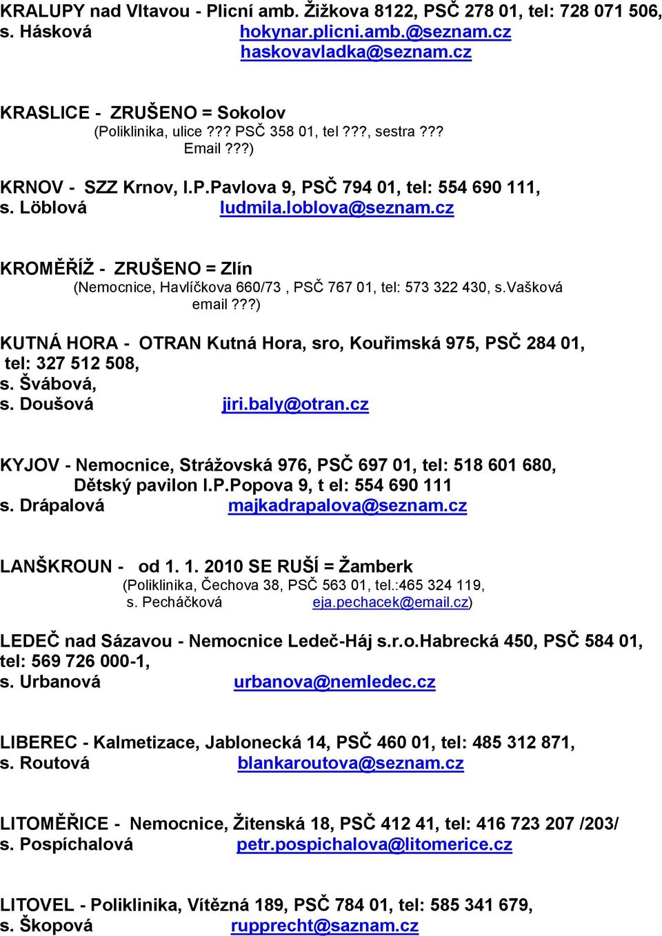 cz KROMĚŘÍŽ - ZRUŠENO = Zlín (Nemocnice, Havlíčkova 660/73, PSČ 767 01, tel: 573 322 430, s.vašková email???) KUTNÁ HORA - OTRAN Kutná Hora, sro, Kouřimská 975, PSČ 284 01, tel: 327 512 508, s.