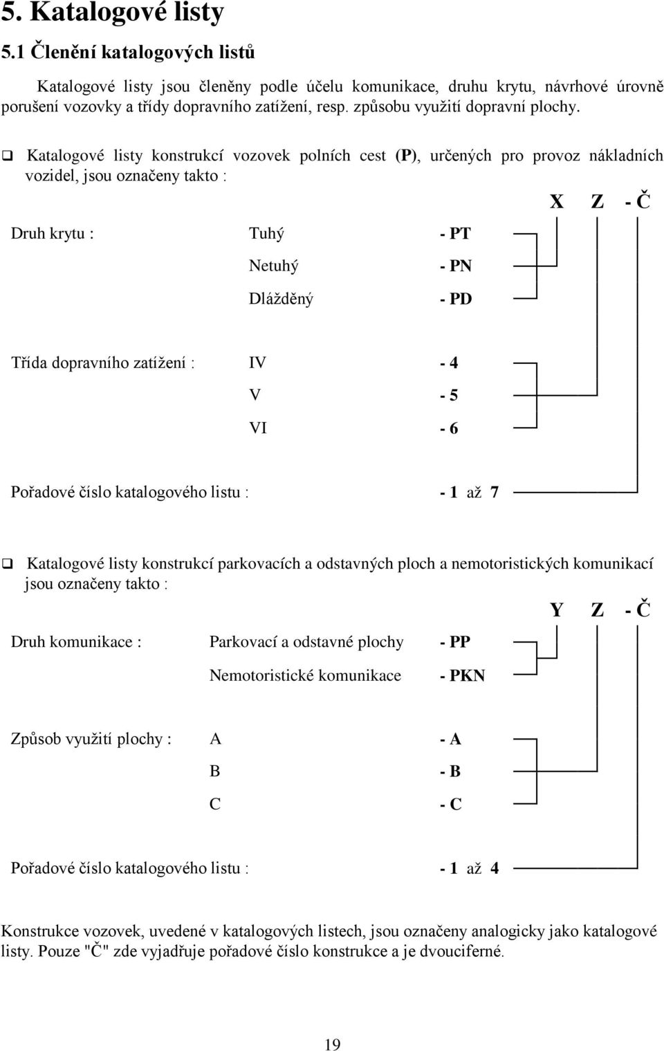 Katalogové listy konstrukcí vozovek polních cest (P), určených pro provoz nákladních vozidel, jsou označeny takto : X Z - Č Druh krytu : Tuhý - PT Netuhý Dlážděný - PN - PD Třída dopravního zatížení