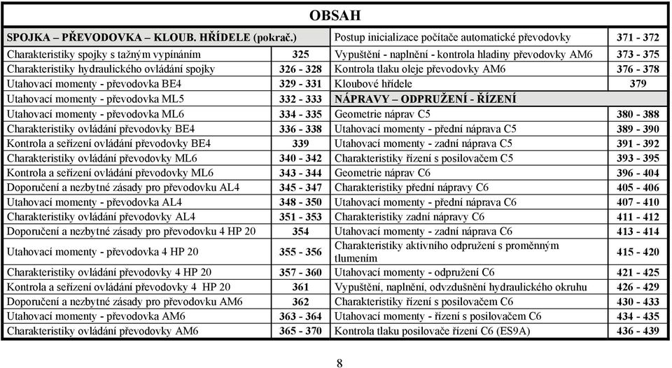 hydraulického ovládání spojky 326-328 Kontrola tlaku oleje převodovky AM6 376-378 Utahovací momenty - převodovka BE4 329-331 Kloubové hřídele 379 Utahovací momenty - převodovka ML5 332-333 NÁPRAVY