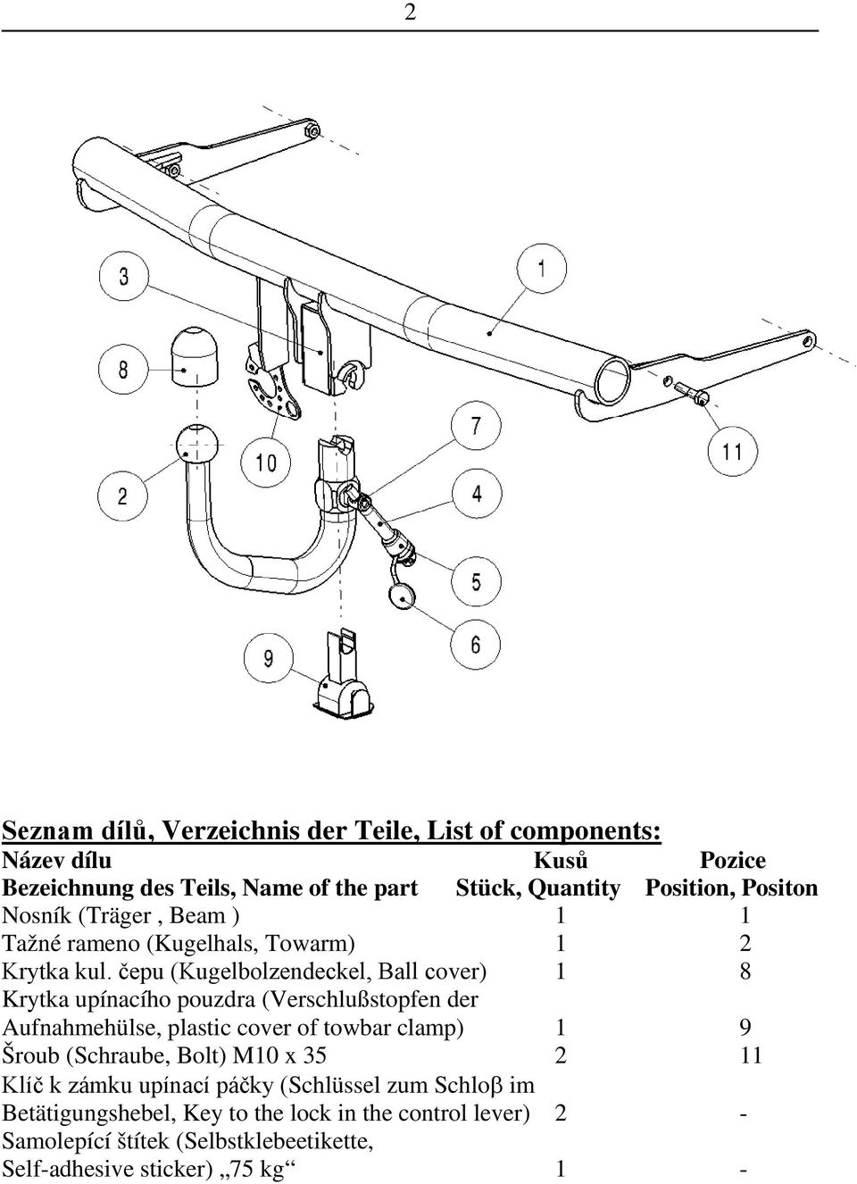 čepu (Kugelbolzendeckel, Ball cover) 1 8 Krytka upínacího pouzdra (Verschlußstopfen der Aufnahmehülse, plastic cover of towbar clamp) 1 9 Šroub