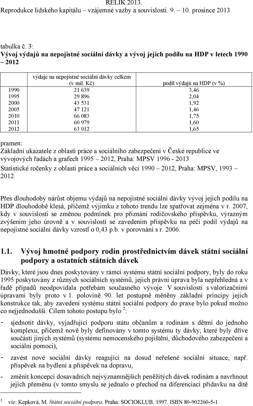 zabezpečení v České republice ve vývojových řadách a grafech 1995 2012, Praha: MPSV 1996-2013 Statistické ročenky z oblasti práce a sociálních věcí 1990 2012, Praha: MPSV, 1993 2012 Přes dlouhodobý