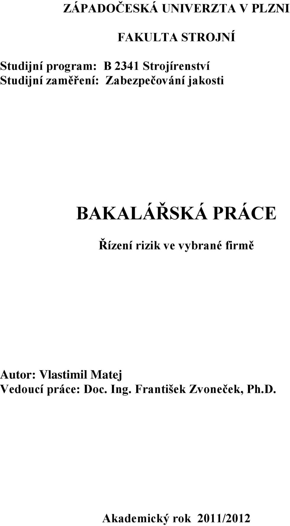 BAKALÁŘSKÁ PRÁCE Řízení rizik ve vybrané firmě Autor: Vedoucí