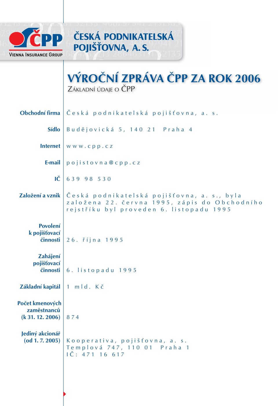 , byla založena 22. června 1995, zápis do Obchodního rejstříku byl proveden 6. listopadu 1995 Povolení k pojišťovací činnosti 26.