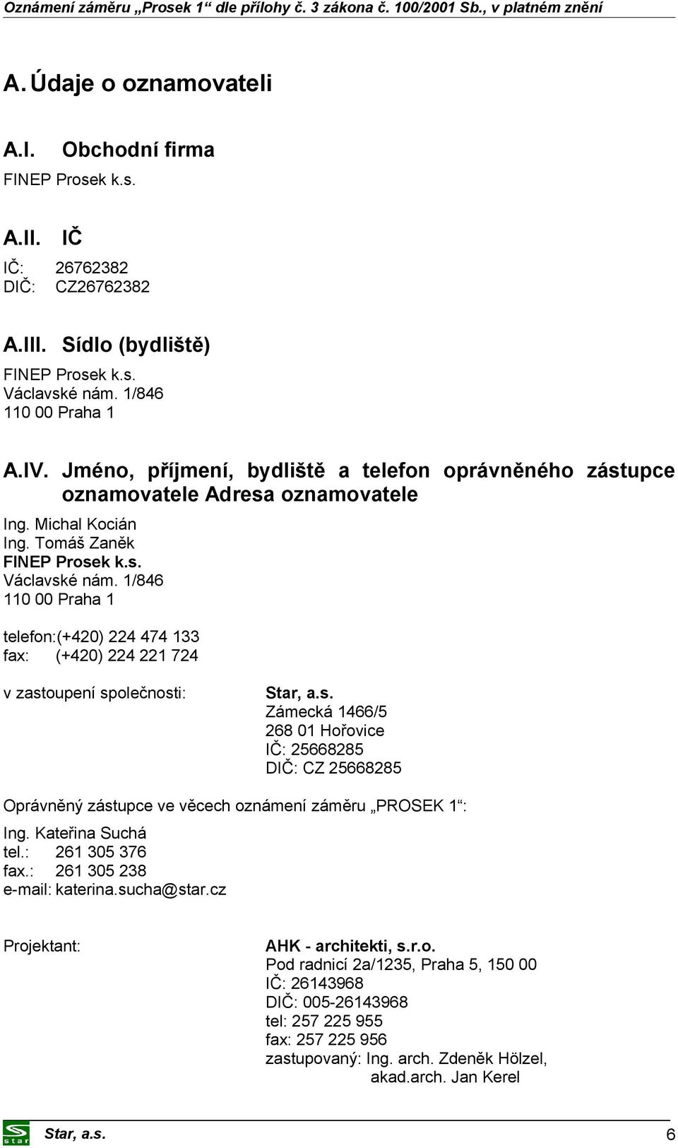 1/846 110 00 Praha 1 telefon:(+420) 224 474 133 fax: (+420) 224 221 724 v zastoupení společnosti: Zámecká 1466/5 268 01 Hořovice IČ: 25668285 DIČ: CZ 25668285 Oprávněný zástupce ve věcech oznámení