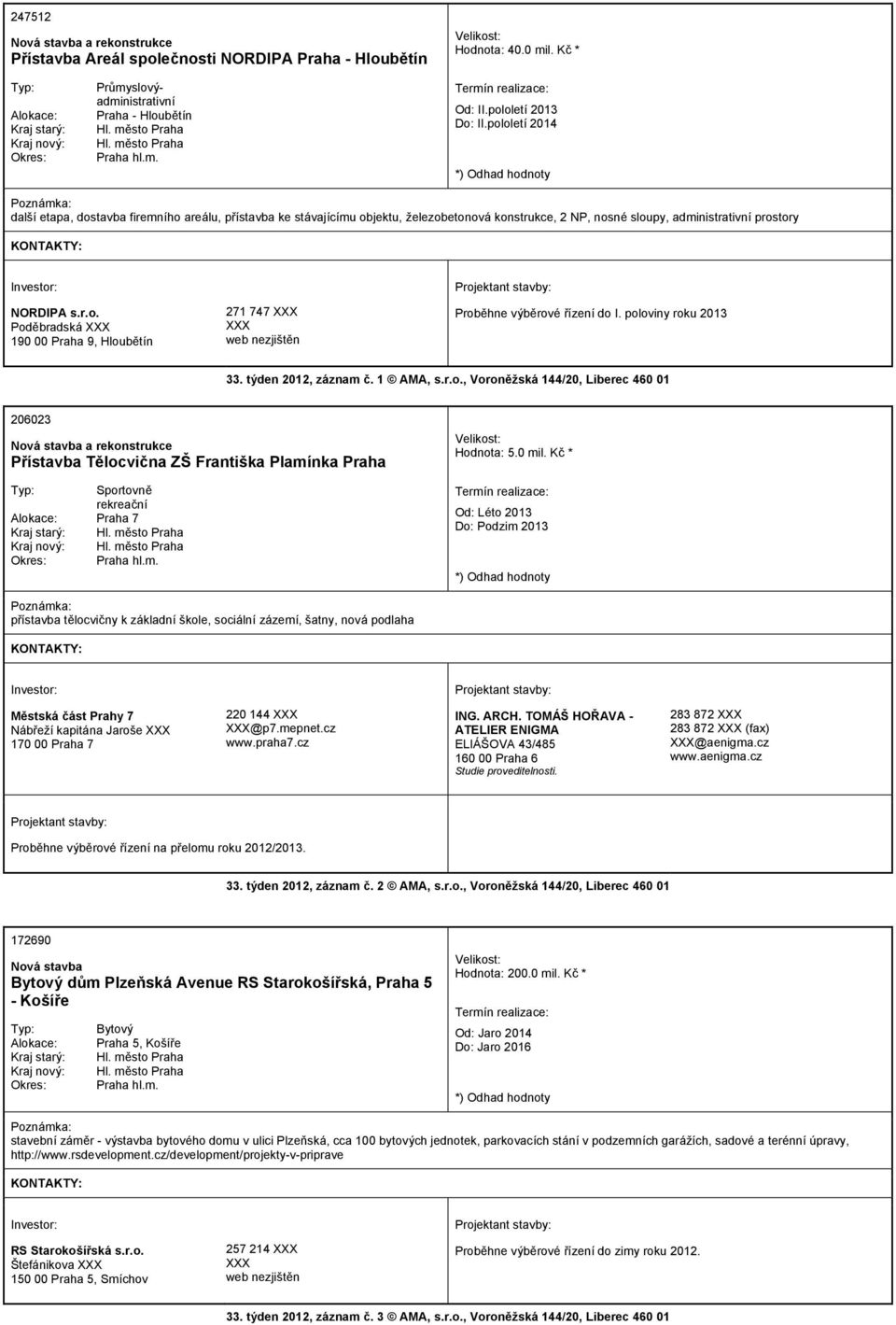 poloviny roku 2013 33. týden 2012, záznam č. 1 AMA, s.r.o., Voroněžská 144/20, Liberec 460 01 206023 a rekonstrukce Přístavba Tělocvična ZŠ Františka Plamínka Praha Sportovně rekreační Praha 7 Hodnota: 5.