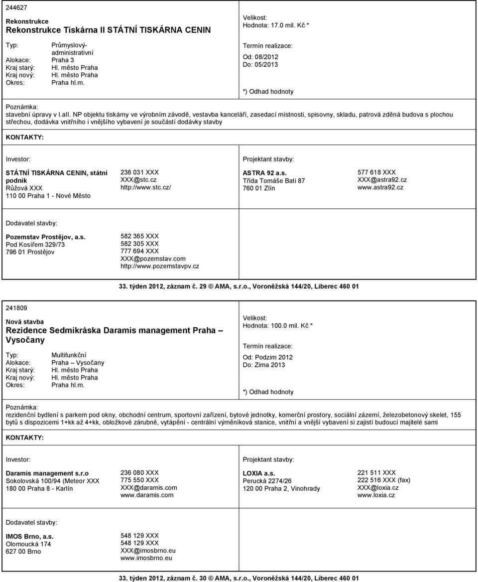 stavby STÁTNÍ TISKÁRNA CENIN, státní podnik Růžová 110 00 Praha 1 - Nové Město 236 031 @stc.cz http://www.stc.cz/ ASTRA 92 a.s. Třída Tomáše Bati 87 760 01 Zlín 577 618 @astra92.