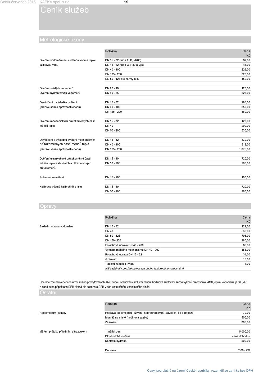 19 Ceník služeb Metrologické úkony Položka Cena Ověření vodoměru na studenou vodu a teplou DN 15-32 (třída A, B, <R80) 37,00 užitkovou vodu DN 15-32 (třída C, R80 a výš) 45,00 DN 40-100 226,00 DN