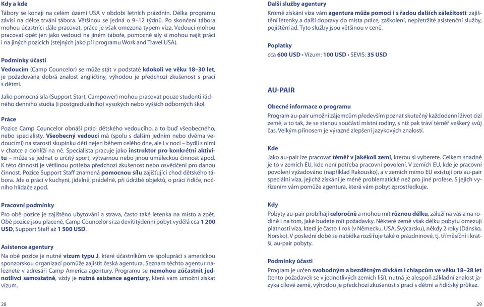 Vedoucí mohou pracovat opět jen jako vedoucí na jiném táboře, pomocné síly si mohou najít práci i na jiných pozicích (stejných jako při programu Work and Travel USA).