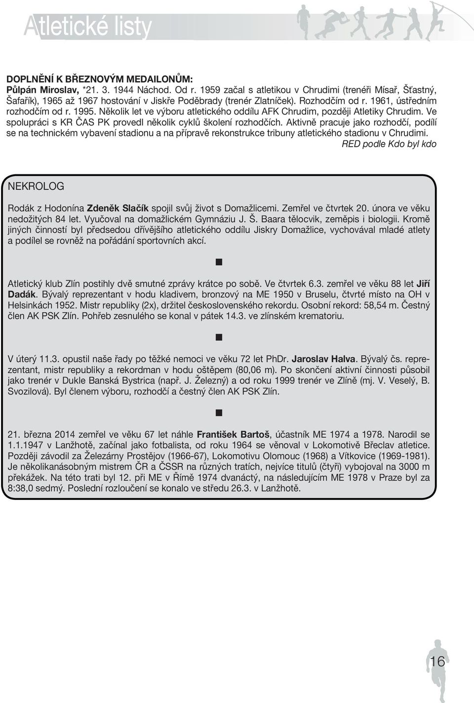 1961, ústředním rozhodčím od CZECH r. 1995. Několik ATHLETIC let ve výboru FEDER atletického ATION oddílu AFK Chrudim, později Atletiky Chrudim.