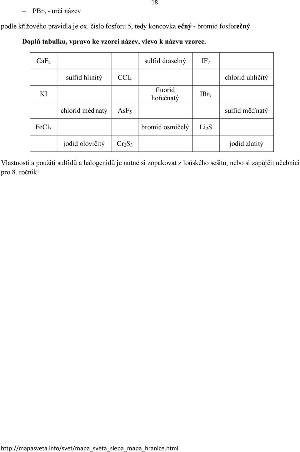 CaF 2 sulfid draselný IF 7 KI sulfid hlinitý CCl 4 chlorid uhličitý fluorid hořečnatý IBr 7 chlorid měďnatý AsF 5 sulfid