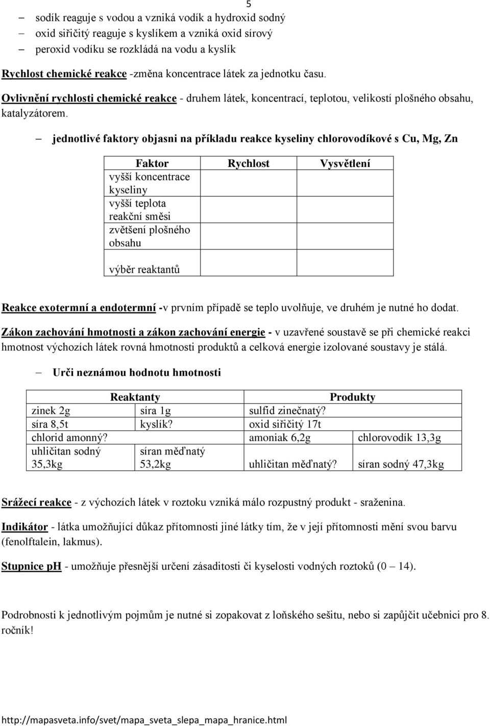 jednotlivé faktory objasni na příkladu reakce kyseliny chlorovodíkové s Cu, Mg, Zn Faktor Rychlost Vysvětlení vyšší koncentrace kyseliny vyšší teplota reakční směsi zvětšení plošného obsahu výběr