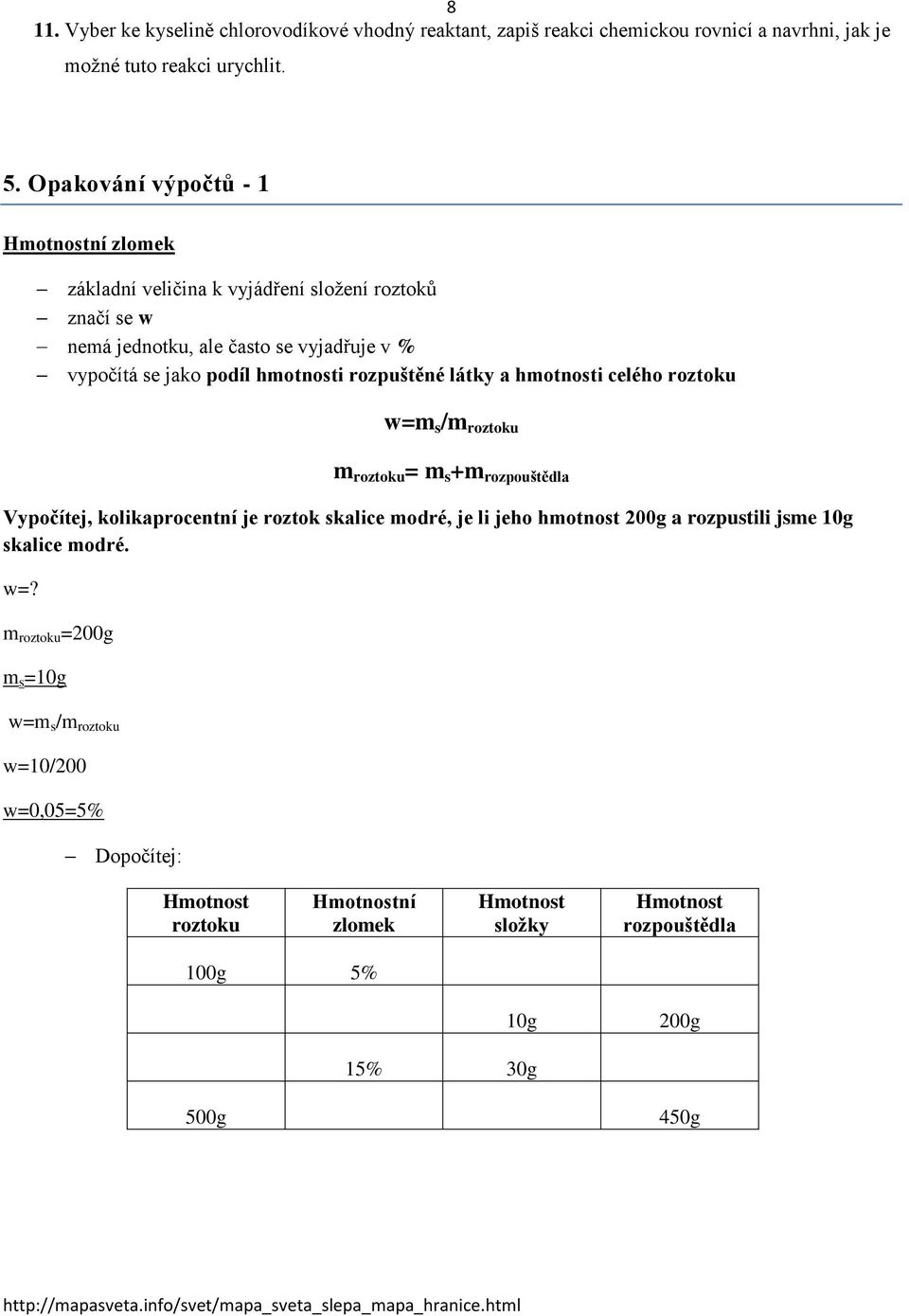 rozpuštěné látky a hmotnosti celého roztoku w=m s /m roztoku m roztoku = m s +m rozpouštědla Vypočítej, kolikaprocentní je roztok skalice modré, je li jeho hmotnost 200g a