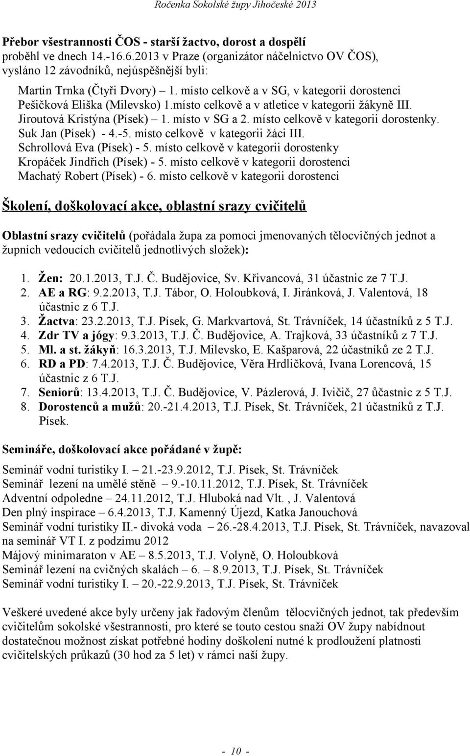 místo celkově a v atletice v kategorii žákyně III. Jiroutová Kristýna (Písek) 1. místo v SG a 2. místo celkově v kategorii dorostenky. Suk Jan (Písek) - 4.-5. místo celkově v kategorii žáci III.