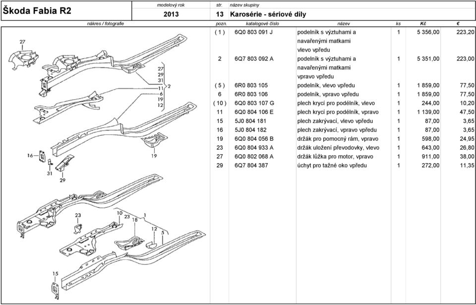 vpravo vpředu ( 5 ) 6R0 803 105 podelník, vlevo vpředu 1 1 859,00 77,50 6 6R0 803 106 podelník, vpravo vpředu 1 1 859,00 77,50 ( 10 ) 6Q0 803 107 G plech krycí pro podélník, vlevo 1 244,00 10,20 11