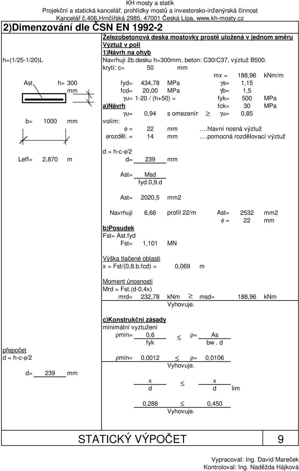 krytí: c 50 x 188,96 kn/ Ast h 300 fyd 434,78 MPa γs 1,15 fcd 2 MPa γb 1,5 γu 1-20 / (h+50) fyk 500 MPa a)návrh fck 30 MPa γu 0,94 s oezení γu 0,85 b 1000 volí: φ 22.hlavní nosná výztuž φrozděl. 14.