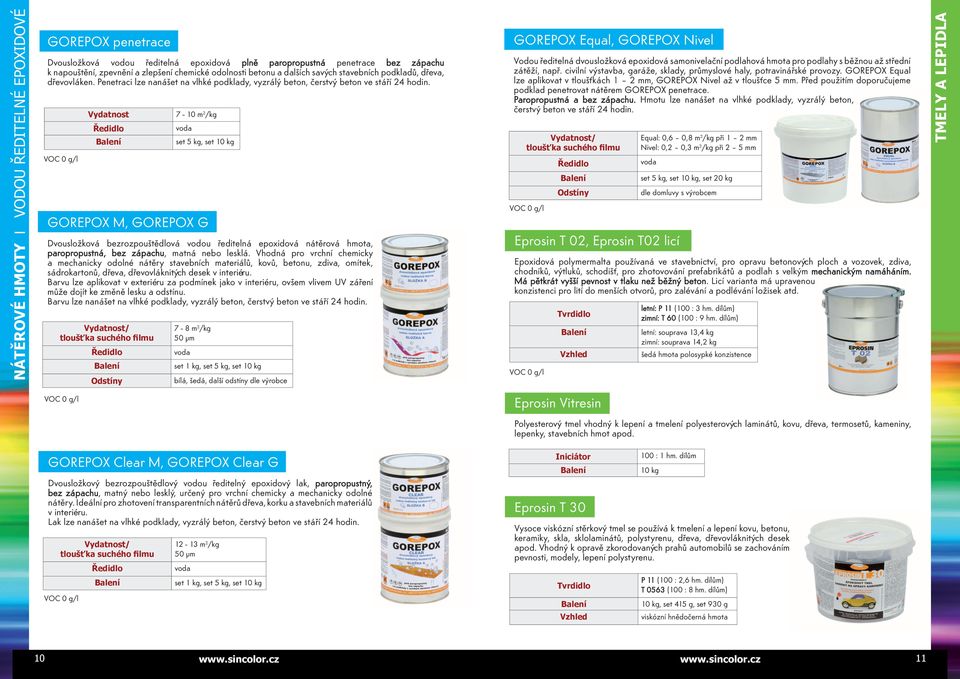 Vydatnost GOREPOX M, GOREPOX G Dvousložková bezrozpouštědlová vodou ředitelná epoxidová nátěrová hmota, paropropustná, bez zápachu, matná nebo lesklá.