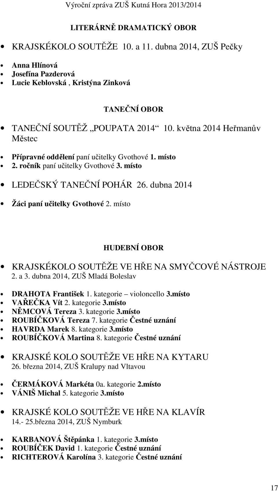 místo HUDEBNÍ OBOR KRAJSKÉKOLO SOUTĚŽE VE HŘE NA SMYČCOVÉ NÁSTROJE 2. a 3. dubna 2014, ZUŠ Mladá Boleslav DRAHOTA František 1. kategorie violoncello 3.místo VAŘEČKA Vít 2. kategorie 3.