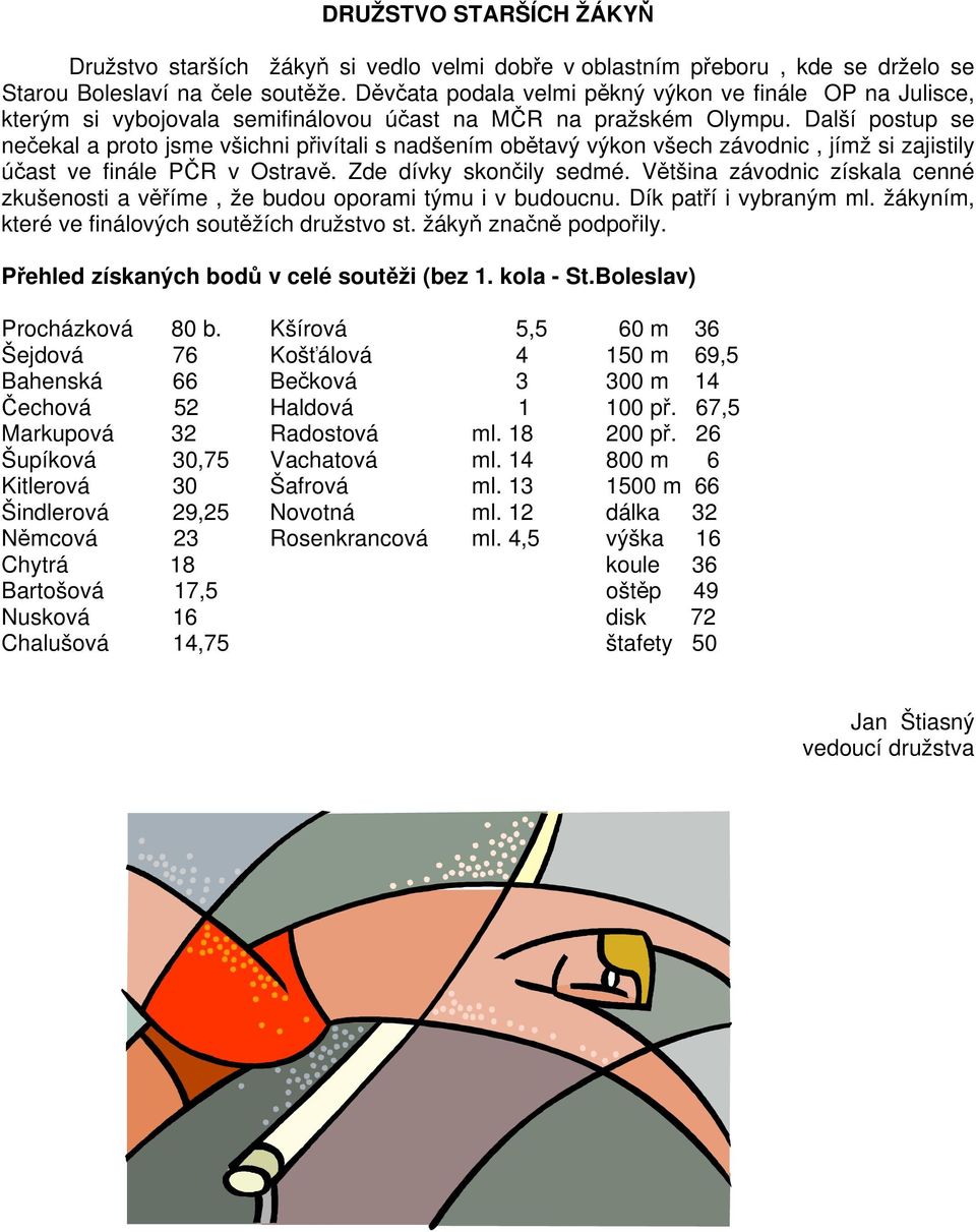 Další postup se nečekal a proto jsme všichni přivítali s nadšením obětavý výkon všech závodnic, jímž si zajistily účast ve finále PČR v Ostravě. Zde dívky skončily sedmé.