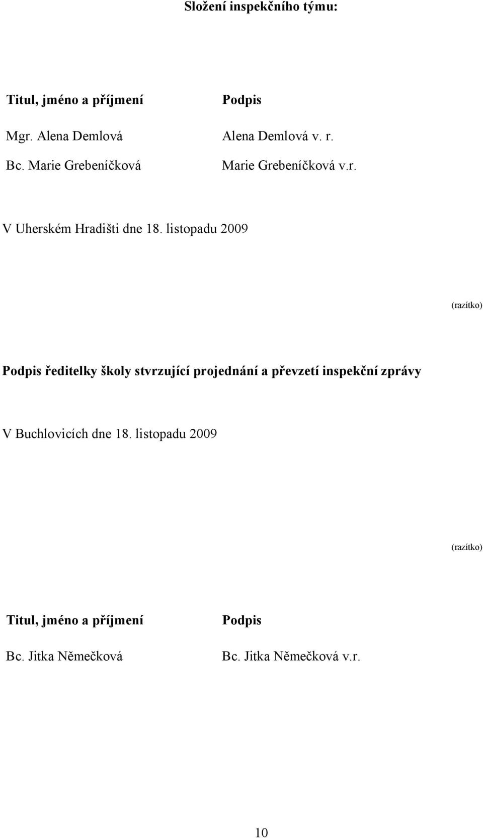 listopadu 2009 (razítko) Podpis ředitelky školy stvrzující projednání a převzetí inspekční zprávy