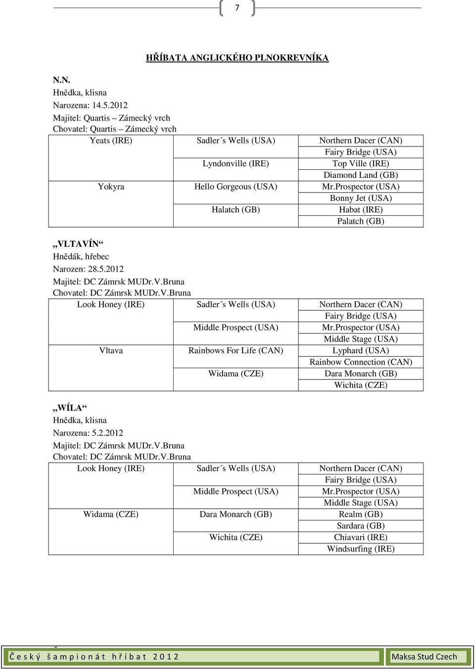 Top Ville (IRE) Diamond Land (GB) Mr.Prospector (USA) Bonny Jet (USA) Habat (IRE) Palatch (GB) VLTAVÍN Hnědák, hřebec Narozen: 28.5.2012 Majitel: DC Zámrsk MUDr.V.Bruna Chovatel: DC Zámrsk MUDr.V.Bruna Look Honey (IRE) Vltava WÍLA Hnědka, klisna Narozena: 5.