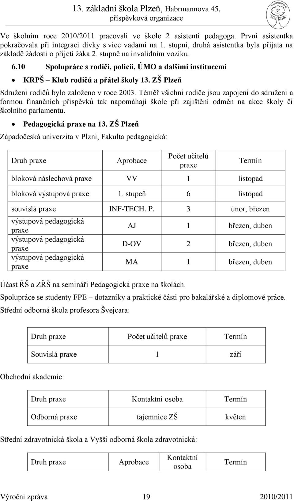 Téměř všichni rodiče jsou zapojeni do sdružení a formou finančních příspěvků tak napomáhají škole při zajištění odměn na akce školy či školního parlamentu. Pedagogická praxe na 13.