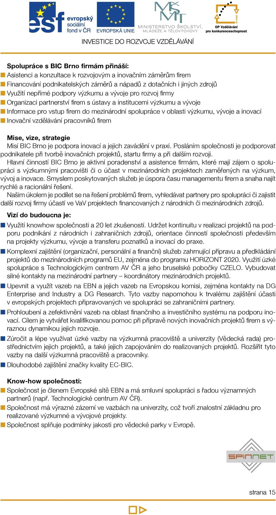 inovací n Inovační vzdělávání pracovníků firem Mise, vize, strategie Misí BIC Brno je podpora inovací a jejich zavádění v praxi.