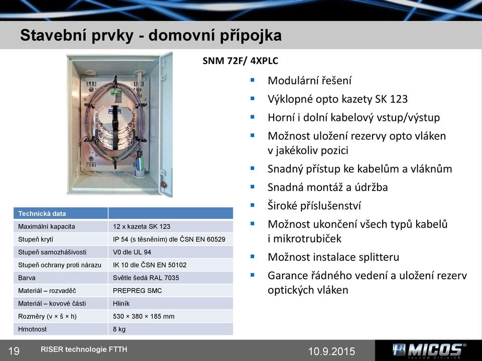 72F/ 4XPLC Modulární řešení Výklopné opto kazety SK 123 Horní i dolní kabelový vstup/výstup Možnost uložení rezervy opto vláken v jakékoliv pozici Snadný přístup ke kabelům a