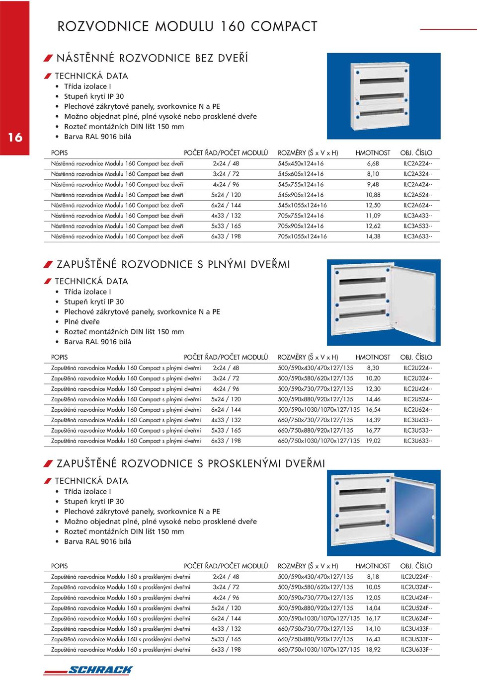 ČÍSLO Nástěnná rozvodnice Modulu 60 Compact bez dveří 2x24 / 48 545x450x24+6 6,68 ILC2A224 Nástěnná rozvodnice Modulu 60 Compact bez dveří 3x24 / 72 545x605x24+6 8,0 ILC2A324 Nástěnná rozvodnice