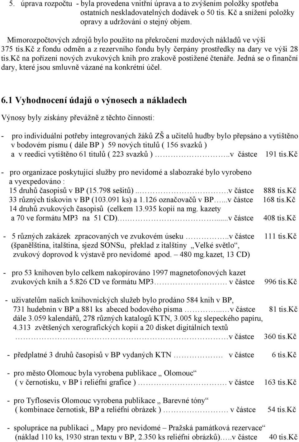 kč na pořízení nových zvukových knih pro zrakově postižené čtenáře. Jedná se o finanční dary, které jsou smluvně vázané na konkrétní účel. 6.