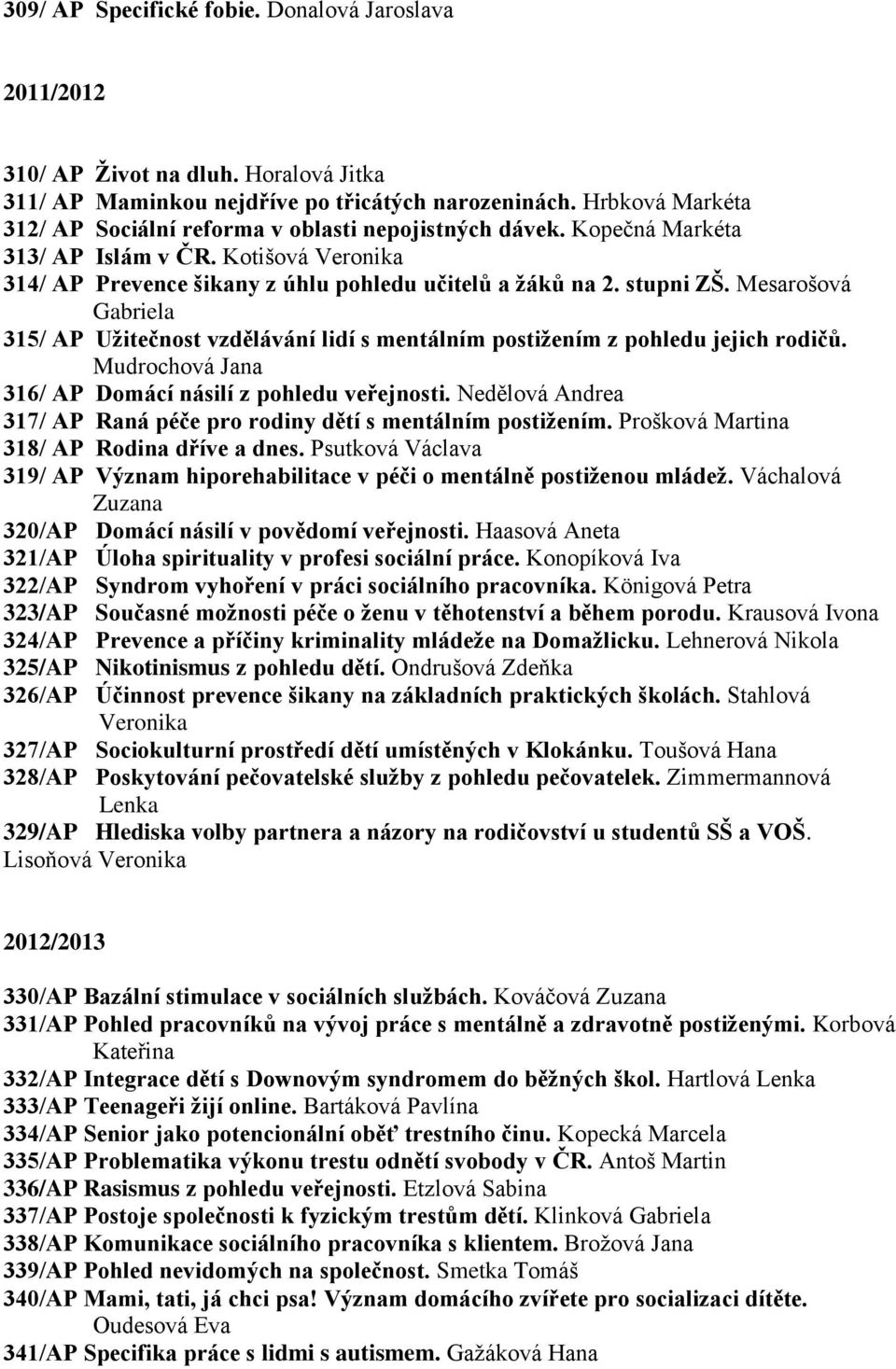 Mesarošová Gabriela 315/ AP Užitečnost vzdělávání lidí s mentálním postižením z pohledu jejich rodičů. Mudrochová Jana 316/ AP Domácí násilí z pohledu veřejnosti.