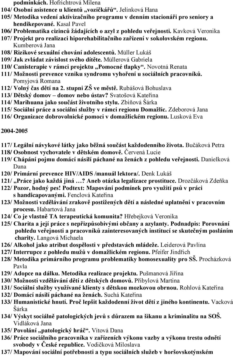 Kumberová Jana 108/ Rizikové sexuální chování adolescentů. Müller Lukáš 109/ Jak zvládat závislost svého dítěte. Müllerová Gabriela 110/ Canisterapie v rámci projektu Pomocné tlapky.