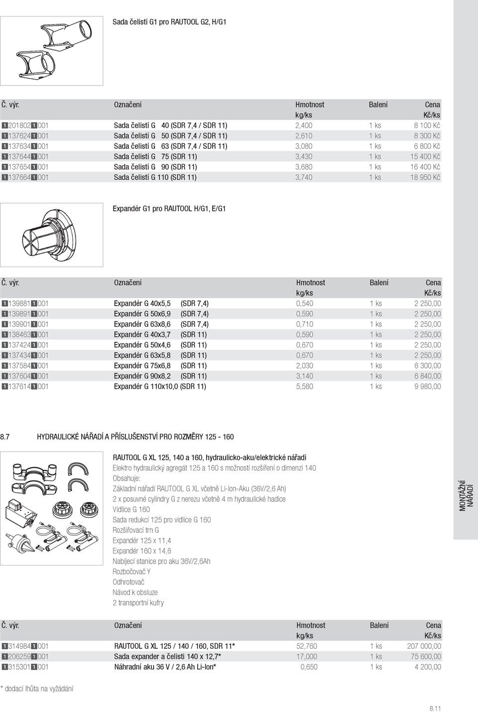 11) 3,740 1 ks 18 950 Kč Expandér G1 pro RAUTOOL H/G1, E/G1 11398811001 Expandér G 40x5,5 (SDR 7,4) 0,540 1 ks 2 250,00 11398911001 Expandér G 50x6,9 (SDR 7,4) 0,590 1 ks 2 250,00 11399011001