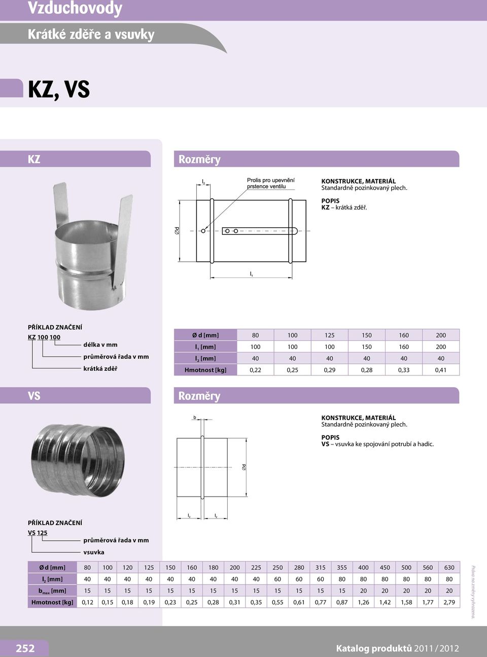 VS KONSTRUKCE, MATERIÁL Standardně pozinkovaný plech. VS vsuvka ke spojování potrubí a hadic.