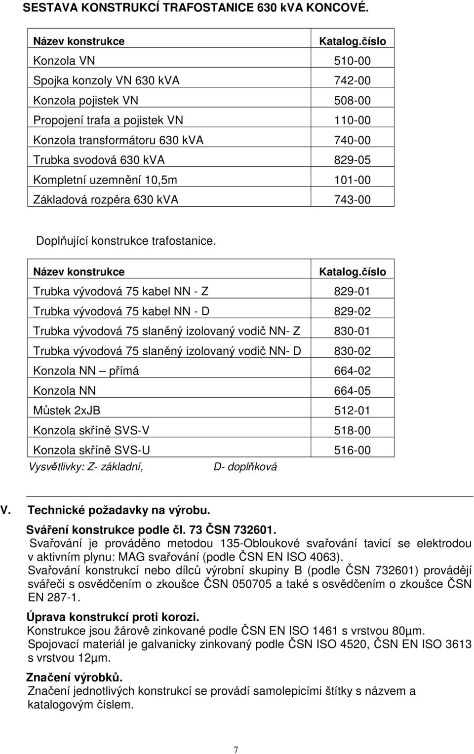 uzemnění 10,5m 101-00 Základová rozpěra 630 kva 743-00 Doplňující konstrukce trafostanice. Název konstrukce Katalog.