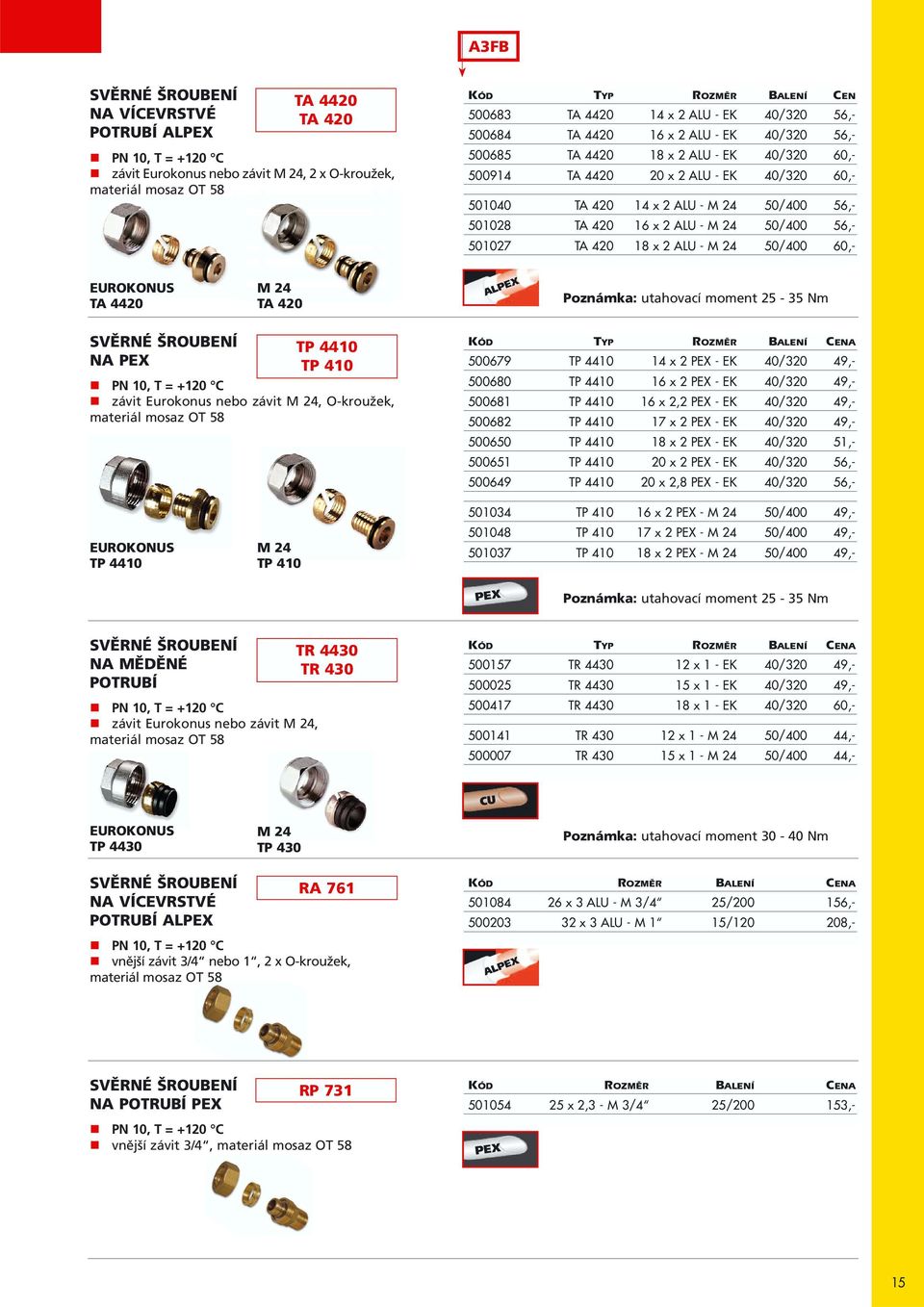 ALU - M 24 50/400 56,- 501027 TA 420 18 x 2 ALU - M 24 50/400 60,- EUROKONUS TA 4420 M 24 TA 420 ALPEX Poznámka: utahovací moment 25-35 Nm SVĚRNÉ ŠROUBENÍ NA PEX TP 4410 TP 410 závit Eurokonus nebo